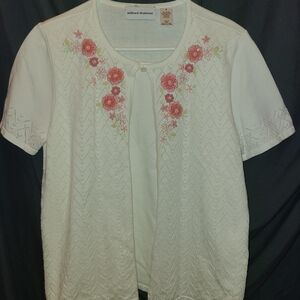 Alfred Dunner White Blouse with Pink Floral Embroidery